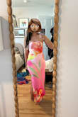 Anahi Pink Multi Floral Satin Strapless Maxi Dress