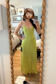 Got this for a summer wedding that will be HOT and I'm excited to wear it! The color is really pretty, albeit maybe more limey than chartreuse. As a girlie with a long torso and thicker thighs, I really appreciate that the slip underneath is long enough and not at my crotch! Will probably wear with sticky boobs (no bra in this pic and I'm small chested). Feels flowy and comfortable with just enough fun detail with the pleated skirt. - Hannah C.