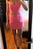 Listen up pears- this is your fit!!! I'm 5'6, I float between 132-136 lbs, bust 34 B, waist 27, hip 40, long torso, short legs, athletic build.
I feel like Lulus sizes run large for me in general. At stores like H&M or Zara, I'm M, and at stores like A&F I'm S or XS, so I always buy a Lulus size small. I was nervous the small wouldn't have room for my wide hips, but it did! I was also nervous it would show wrinkling from sitting or wear from the night, but it did not! The inside lining helped keep the outfit looking smooth and fresh all night. I got a lot of compliments.
I included a picture with the skirt low. If you're concerned about showing too much tummy, it can go higher.
My only complaint is that the coloring is off from the picture. It's not the end of the world. I still love it! - Michelle K.