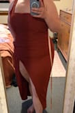 I do not recommend this for wide hips or big thighs. Top fit perfectly; skirt slit was 1 inch away from the goods. Would not be able to sit in it with discretion. Terracotta color was lovely tho - Cristina G.