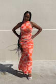 Frona Orange Floral Mesh Backless Maxi Dress