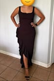 This dress fit very well. I am between and medium and large. I got the medium first and it was too tight then I got the large and it fit just right. The length is perfect with the heels I'm wearing. The only thing I had to do was get the straps fixed because they were too loose and would slip off my shoulders. Overall love the dress. - Nohemi F.