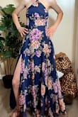 Romantic Marvel Navy Floral Print Halter Neck Maxi Dress
