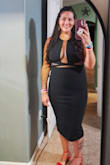 What a head turner, show stopper, jaw dropping dress. Good stretch, but holds you in with nice think material. No bra needed, or just some sticky ones for a lift. I am 5'6, 205ish lbs, XL fit perfect. So many compliments, confidence booster. Just go for it! - NICOLE N.