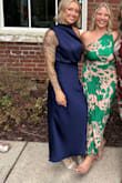 This dress was perfect for a July wedding. Recieved many compliments and felt very confident wearing it. Highly recommend! I got the navy, but I would say it's more of a dark blue. Very pretty! I did take it to get professionally pressed and steamed. - Nicole P.