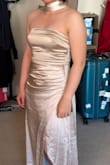 I'm so happy that I found this dress! I normally don't opt for dresses with a satin finish, but this one is just chef's kiss. I love the folded texture in the front and how the scarf falls behind the dress to add more astonishment to the plain look in the back. Although, it's a bit too long for me as a 5'2 even with heels on, I'm still very satisfied with the dress! - Vivian L.