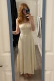 This dress fits true to size and is so classy and gorgeous! The pin stripes are subtle and a beautiful touch, the color is perfect, and this dress makes me feel the most beautiful. - Patricia H.