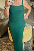 Love the color!! For a long dress, it's not heavy material, so it's comfortable to move in. The ruching along the sides and back is very flattering. The dress length was perfect for me, but I'm 5,8 so it might be long on others. I wore short heels with it, though. I wore it to an outdoor summer wedding. - Amber T.