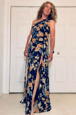Elegant Admiration Navy Blue Floral One-Shoulder Maxi Dress