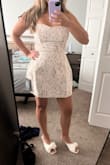 I was nervous that it was too small with this one at first bc I had to turn the dress to zip up. But a little repositioning and zipped up okay! I would say if you have a larger chest/torso to go up a size though. Little on the itchy side but still so cute and perfect for a bridal event! It really snatched me up! - Rachel H.
