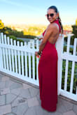 Keep It Interesting Red Asymmetrical Cutout Halter Maxi Dress