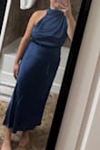 Distinctive Charm Slate Blue Satin Asymmetrical Midi Dress