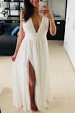 I bought this dress for my baby shower and it's perfect! I am usually a small but now that I have this big bump, I am a medium. This dress fits perfectly. I got so many compliments on it and I absolutely love how it looks on me. It was exactly what I wanted and I feel like such a princess in it. - Amanda D.