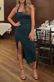 Prominent Charm Emerald Halter Bodycon Tulip Midi Dress
