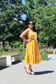 Delightful Design Yellow Polka Dot Midi Dress With Pockets