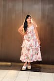 Naenia White Floral Tiered Tie-Strap Midi Dress