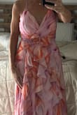 Astraea Lilac and Orange Abstract Surplice Ruffled Maxi Dress