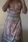 Bensley Beige Multi Boho Print Satin Wrap Midi Dress