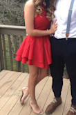 My daughter wore this dress to a semi-formal dance and it was perfect! She is 5'3", 105 lbs and the XS fit really well. The high neck was a little too high so we had it altered and made shorter and it looked much better like that. Really cute dress. - TRUDY L.