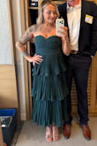 Fit true to size. As an athletic shape who's heavier on top than bottom (and bloats easily hah) this was super flattering, and the color (green) is beautiful. Little big on the bust but a bra helped. Wore it to my bf work awards event. Definitely recommend - Bridgette P.