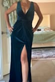 I love this dress. It is comfortable and has stretch the color is gorgeous, it is flattering and I am very pleased with the purchase. It definitely shows some cleavage, but is very tasteful and just stunning. - Tracy G.