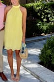 Vaivah Light Yellow Satin Plisse Mock Neck Swing Mini Dress