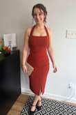 Prominent Charm Rust Brown Halter Bodycon Tulip Midi Dress