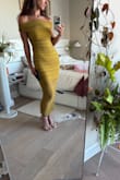 Sunama Chartreuse Mesh Ruched Bodycon Midi Dress