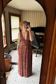 Evaluna Rust Abstract Print Lurex Pleated Maxi Dress