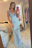 Jamie Light Blue Floral Mesh Sheer Hem Maxi Dress