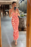 Aelara Pink Floral Mesh Ruched Trumpet Midi Dress