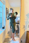 Impressive Flirt Olive Green Mesh Ruched Mock Neck Midi Dress