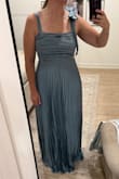 Loved this dress. A little long on me, and the bust was a little tight, but I liked it. Felt very secure and could have gone braless, so a smaller chest would be totally fine. Really pretty color in person also. - Kendra R.