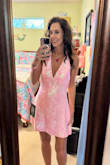 This dress fits perfectly! The style is very flattering, and the length isn't too short. It has just enough cleavage to look sexy, but not too much. The sequin details are beautiful. The color is eye catching and adorable! Perfect for my pink birthday cruise theme! - Monique F.