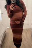 First of all, the colors on this dress scream "fall vibes" and is pretty close to what is on the Lulus website. The fit of this is comfortable, not tight anywhere at all and cozy enough to keep you warm without it being too heavy and hot to wear. I do love that it does not have that "clingy" or static feel that some knitted dresses can have. Length is exactly what I envisioned since I am 5'1, it falls a little above my ankle as pictured. 6.5 months pregnant at 128 lbs and the XS size fits perfectly. Pre-pregnancy, I usually wear XS  in Lulus - Christine C.