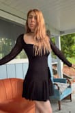I wanted to love this dress, but there's something mismatched about the skirt style/length and the top half of the dress. I wanted something cute and casual for fall dates with my boyfriend, but I didn't vibe with this dress, so I'm returning it. The skirt is super short, and with the long sleeves, it just didn't look good on me. Also, really hard to find a bra that works with the front cut, so if you have a bigger chest (I'd say anything larger than a B), then I'd reconsider, or you'll have to find one of those mystical strapless tapey bras and pray it works. - Stephanie Z.