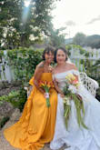 I've gotten this dress in the floral and now in yellow! Beautiful, many compliments. Peter t for me, and I'm small chested. Strings had to be burned down on the edges, but it didn't bother me. Holds to a steamer well! No complaints. Need to wear heels bc of the beautiful mini train. Stunning for Maid of Honor for a fall wedding. Strapless sticky bra is great. Makes you feel like a princess. - Krystall T.