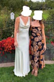 Love the pattern, feel, and shine of this dress. I wore it to a backyard wedding reception with live music and dancing. I am small chested, so needed dress tape. Straps are adjustable, which was helpful. It fit loosely, but still showed off my figured. Overall really like this dress & will wear it again. It can easily be dressed up and classy, or can be worn more casually. Also love that it can go with brown or black shoes! - Megan R.