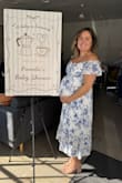32 weeks pregnant, and I wore this to my baby shower. It was perfect! Size large. I am 5'4 and was probably around 170-180lbs at the time. - Pam J.