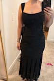Loved this dress, not super thin and has stretch. Ordered a small even though I'm not exactly a small, but the dress has so much stretch it really worked out. - Brittanee C.