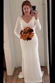 I bought a dress on consignment for $2700 including alterations, but they botched the alterations, making it too short, and I was unhappy with it. Under two weeks before the wedding, I decided to take a chance and order this dress because I had ordered two other dresses from Lulus for my rehearsal dinner and wedding week and while material is mediocre the fit and style were beautiful so I thought I would take a chance on this wedding dress. All the reviews said the material was good and not too thin on this and they were correct. It's not the same fancy fabric of my $2700 dress, but I put it on and it fit like a glove and did not need alterations at all. If I felt like doing anything, I would've probably done 1/4 inch off of the sleeves since they run a little long but it's not worth the trouble and I've had bad alteration experience. I can't believe that I'm going to end up wearing a $100 dress vs my $2700 dress, but it fits so perfect. 5'8 I wear flats. Size S 132lbs. Highly recommend. 2 day ship fast and fab. - Stacey L.