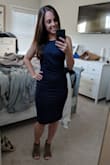 I loved the material on this dress as well as the shape! It is extremely flattering. Wore a sweater over it to work and I go so many compliments. Will also be wearing to a wedding later this summer! I want it in all the colors. Knee length, so not too short but still extremely sexy. - Christine C.