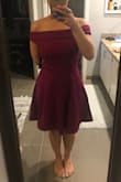 Fits great. Love the off the shoulder look. The material is thick and soft. Very good quality. The only thing I dont like about this dress is the back part flips up near the top of the zipper. - Christina A.