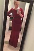 The fabric is thick and somewhat heavy, it looks and feels like a very high quality gown, for a great price! It is quite long, but it'll be easy to hem. And I need to find a lower pair of spanx when I wear it for real! - Tiffani P.