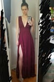 This dress is beautiful. The straps have a gel strip on the inside to hold them on your shoulder. I love a slit in a long dress and the layering of the material makes a beautiful flowy feel. The color is the exact same in person as it shows online. This is the second dress from Lulus and they have both been perfect. - Alana S.