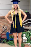 I am more athletic and have wider shoulders but a medium still worked fine! It was somewhat difficult to get over my wide shoulders but I made it work. I loved this dress and wore it for my graduation. The material is very nice and not sheer at all. It fit perfectly. I did sew up the front a little bit but that was just because I'm not very big chested. Definitely would recommend this dress! - Gray