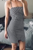 The dress isn't as short as it looks on the model which I actually like. There's a slip underneath the dress which makes it super comfortable and smooth. Absolutely love it! - Carolina I.