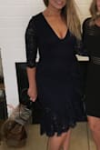 Hits just at about the knee. The ruffling is so beautiful. I wore it to a rehearsal dinner and got so many compliments!! - Grace A.