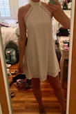 Bought this dress for college graduation but it looked funny with the graduation gown over it. It fit well and was the favorite dress of all the ones I ordered among my friends! The open back is cute too. The only problem is that the material is quite thin, so even with sticky boobs, outlines were visible. True to size. - Brooke W.