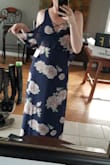 Ordered this to try out the Navy for my bridesmaid dresses, and to wear to a baby shower.
Can't wear a bra with it, as the top is VERY tight, but wouldn't go up a size because of how overly flowy the bottom half is. It is also VERY long. I'm quite tall, for my size, and it's still going to either need some big heels or a hem.
Overall - great fabric, beautiful colour, and I'm comfortable wearing it without a bra. Absolutely love it. Don't mind my sweet mirror pic. - Carly R.